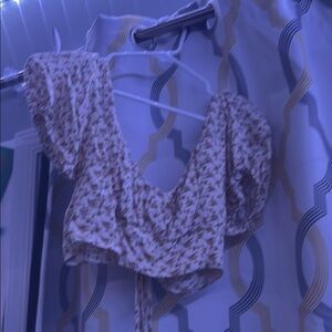 ILLA ILLA Cream and Black Ruffled Tie Front Crop Blouse